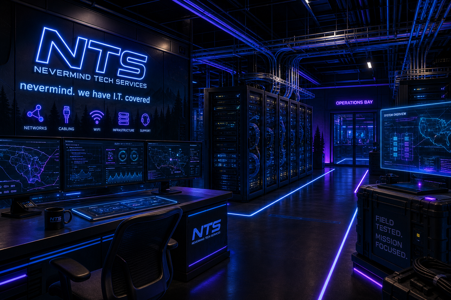 Futuristic network operations bay with glowing cable trays, racks, and neon-lit infrastructure