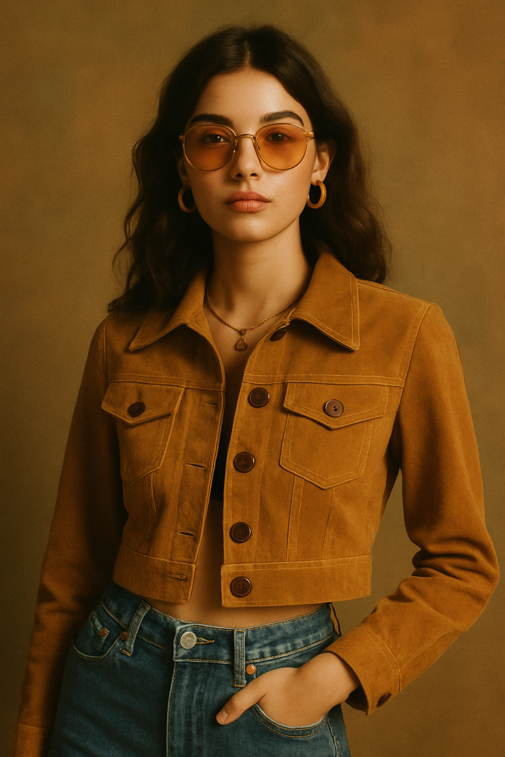 Model in a vintage 70s jacket with warm film lighting
