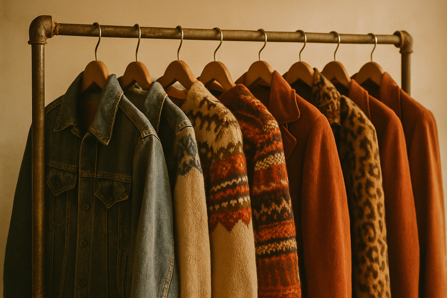 Analog film photo of curated vintage clothing rack