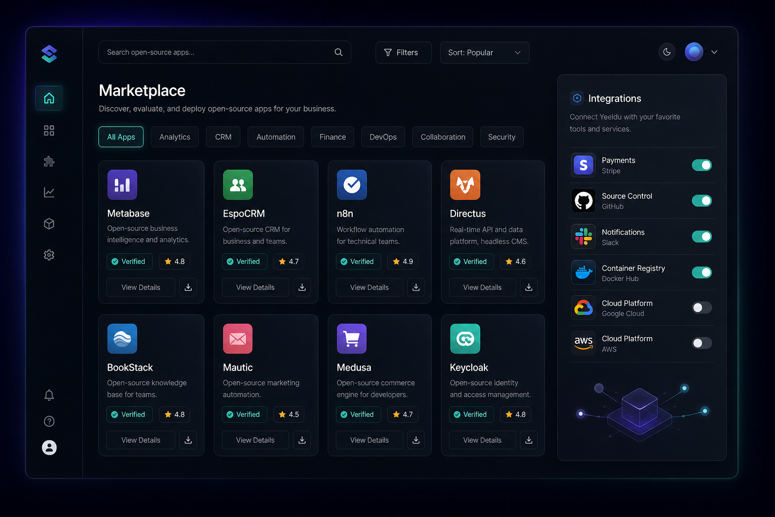 Dark-themed Yeeldu marketplace dashboard showing app cards, integration status, and deployment controls