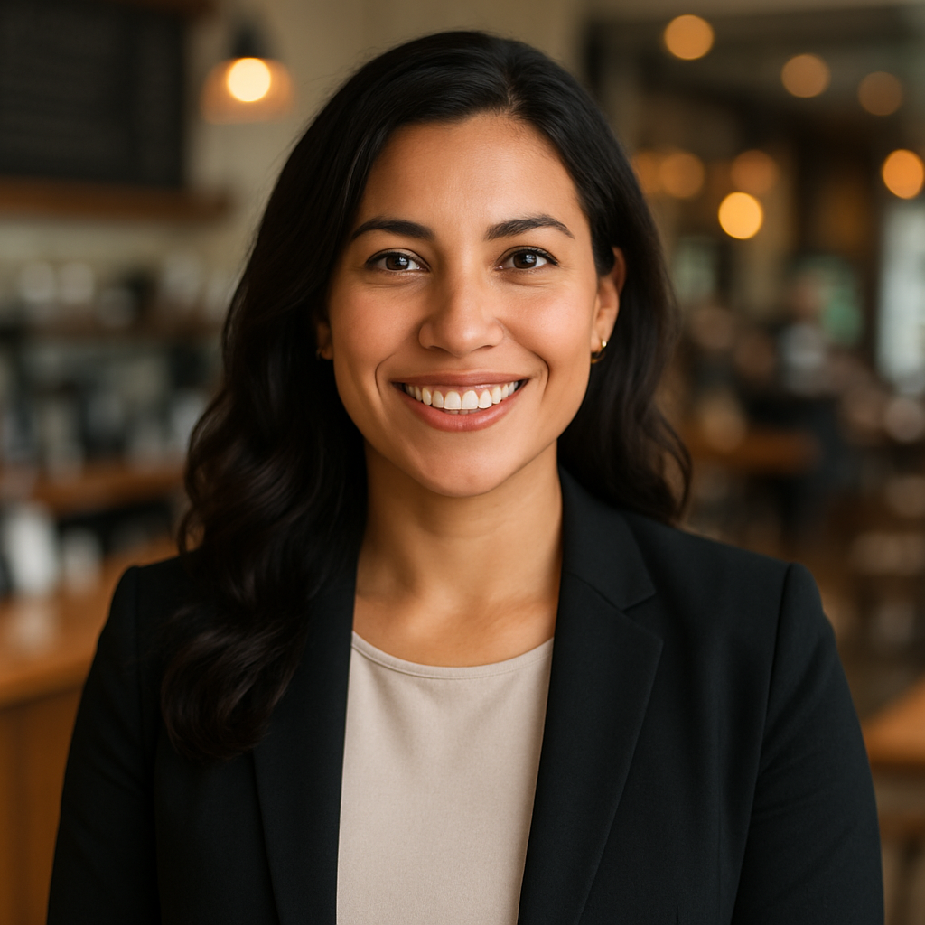 Photo of Olivia Martinez, smiling business owner in a bright cafe, arms crossed, looking confident and happy.