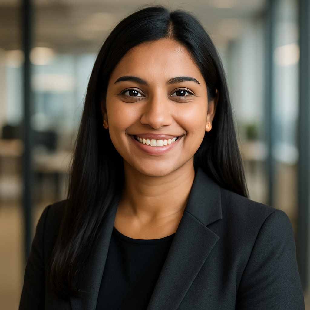 Photo of Priya Patel, confident consulting founder in professional attire, smiling warmly in an office setting.