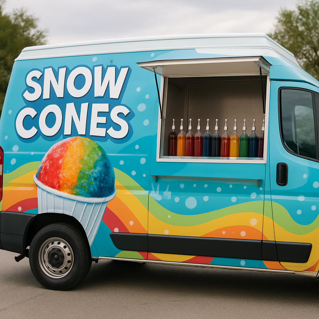A realistic, professional photo of a snow cone van with a large portion of the van visible. The van has a colorful, inviting design and a serving window is open to display an organized row of vibrant snow cone syrup bottles. The scene is lifelike, detailed, and inviting to customers, with no people present.