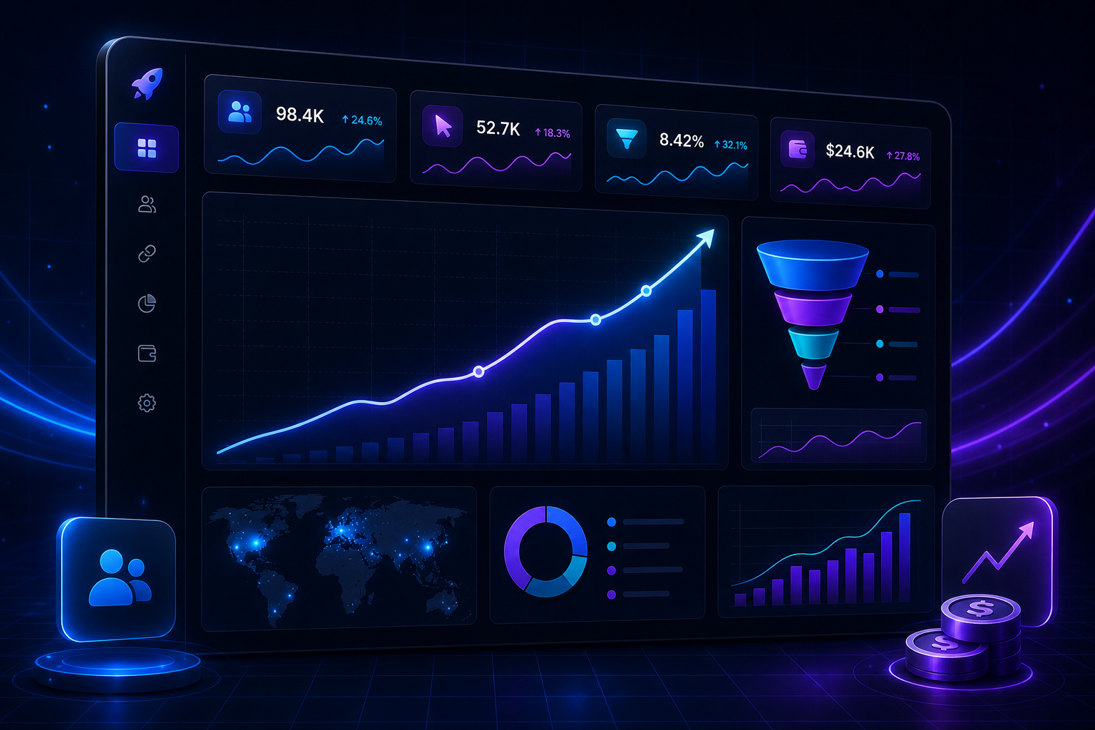 Ilustrasi dashboard analitik trafik dan penghasilan online dengan grafik pertumbuhan dan metrik konversi