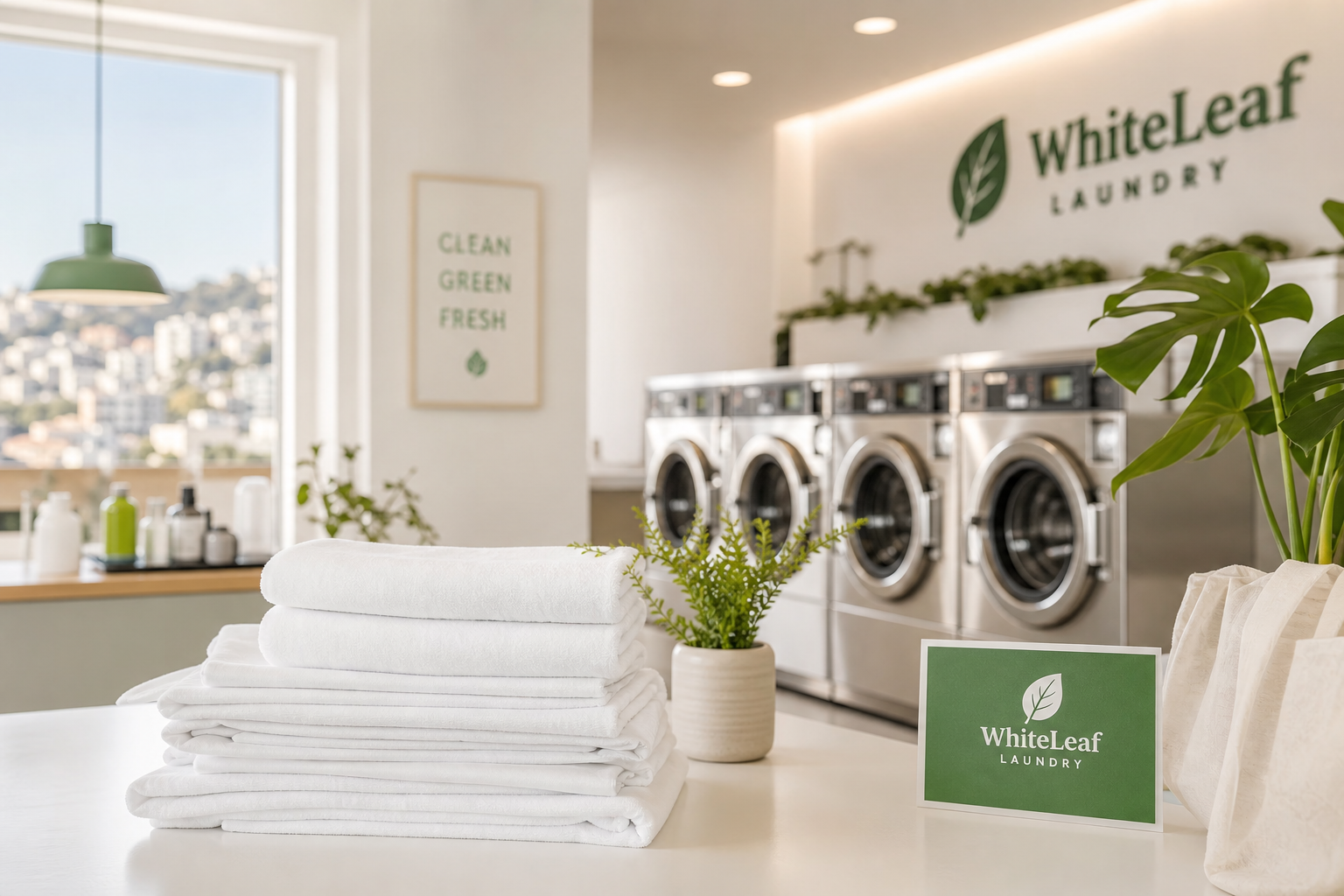 Bright modern laundry studio in San Francisco with eco-friendly green accents, folded linens, and a calm premium feel