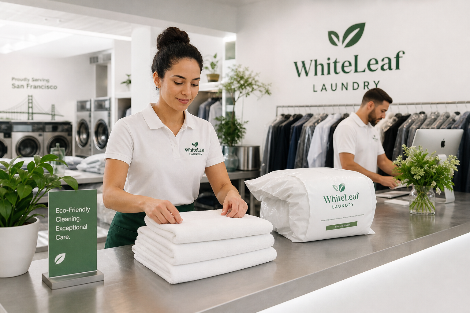 Modern laundry facility in San Francisco with neatly folded towels, green accent branding, and staff preparing pickup and delivery orders