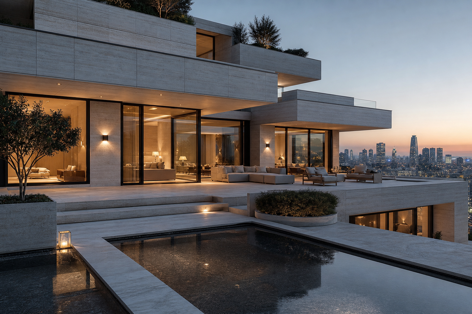 Limestone-clad residence with a stepped terrace and reflective pool at dusk