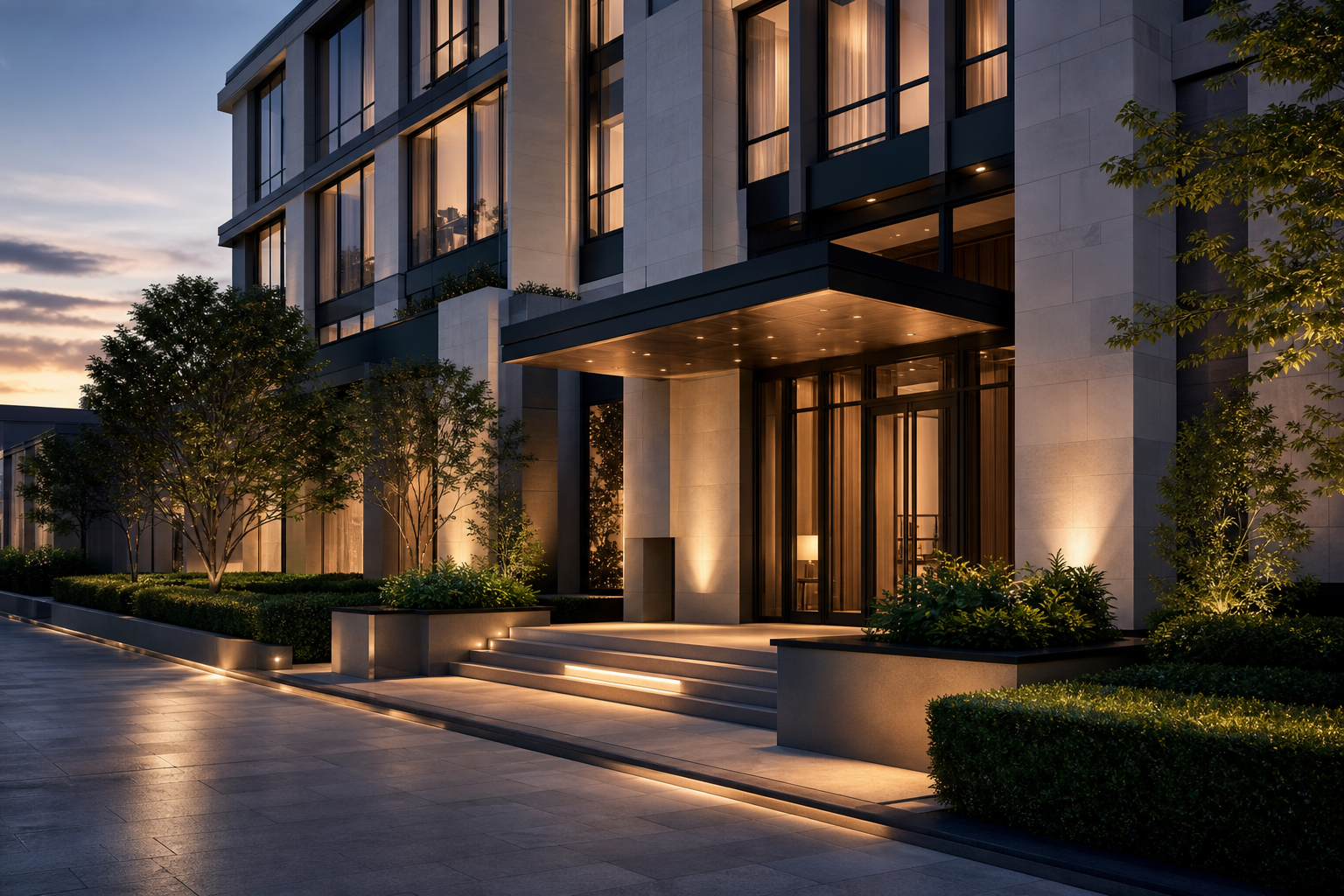 Serene modern residential tower facade at dusk with warm interior lights and landscaped approach