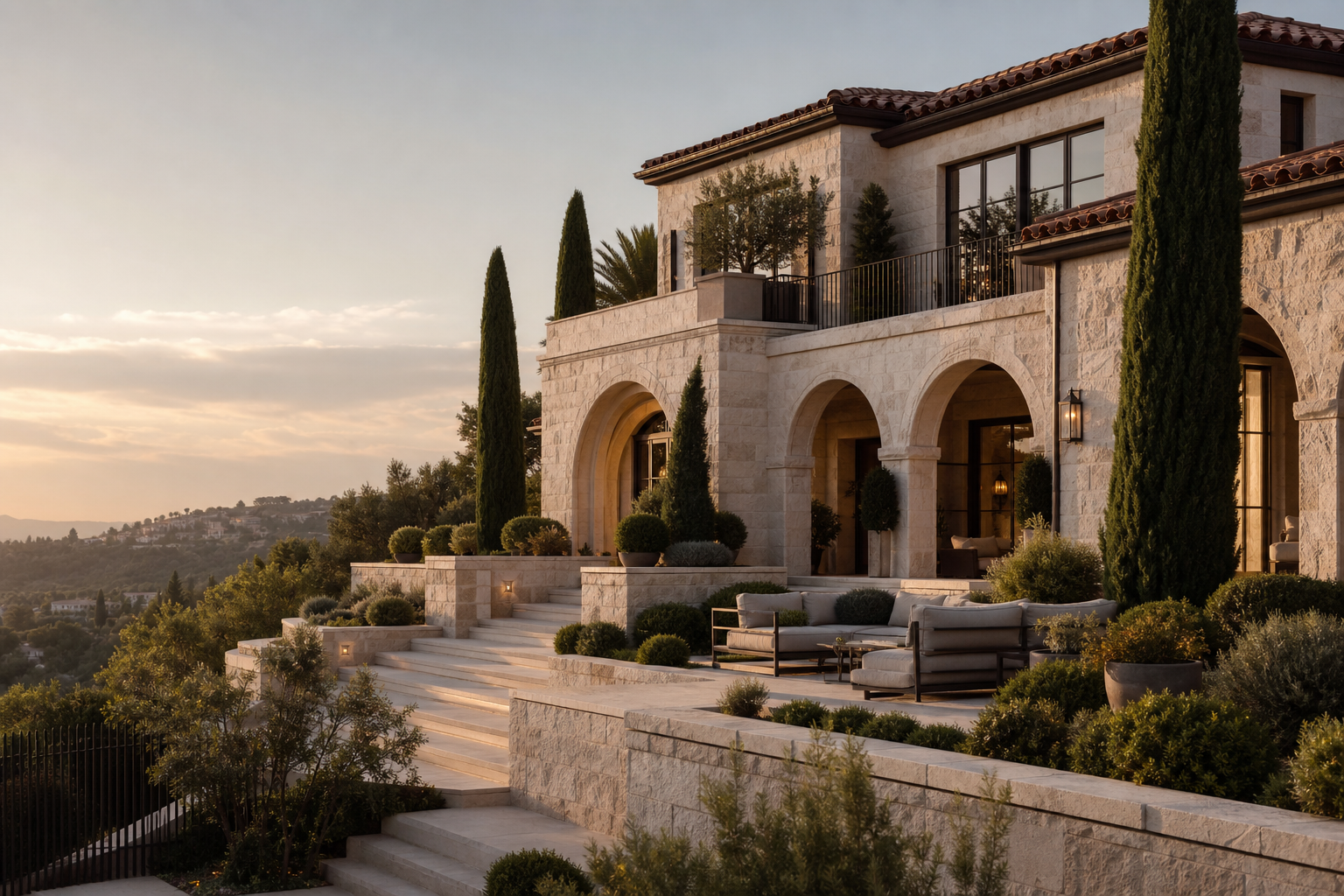 Hillside villa with travertine volumes, shaded loggia, and mature cypress planting
