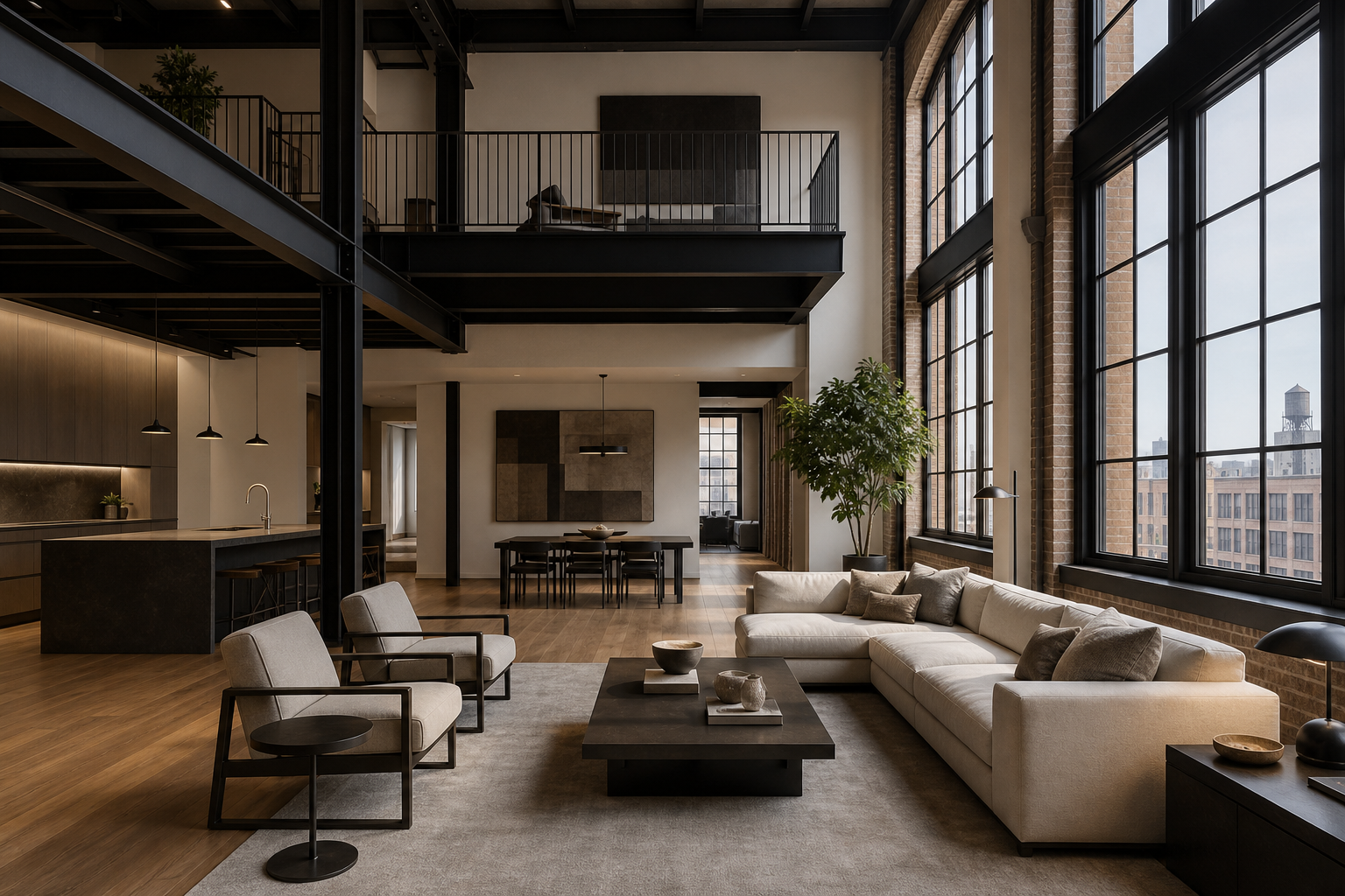Double-height loft residence with steel-framed glazing and warm walnut interiors