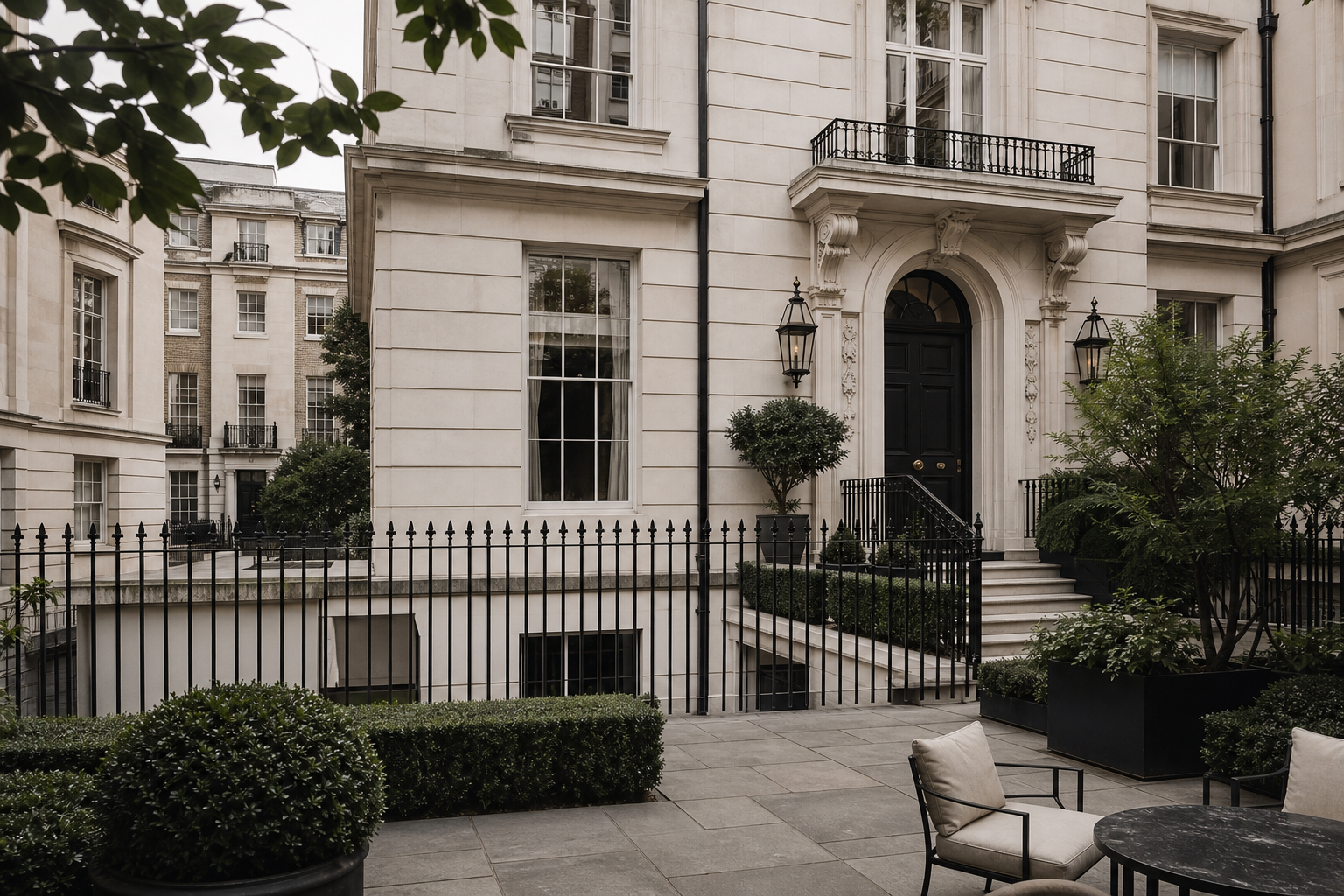 Historic townhouse facade with carved stone entry and private courtyard garden