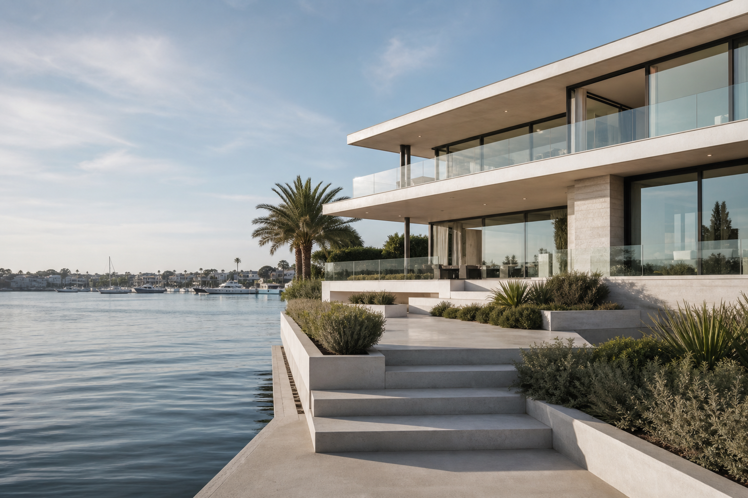 Glass waterfront residence with long horizontal balconies and muted coastal landscaping