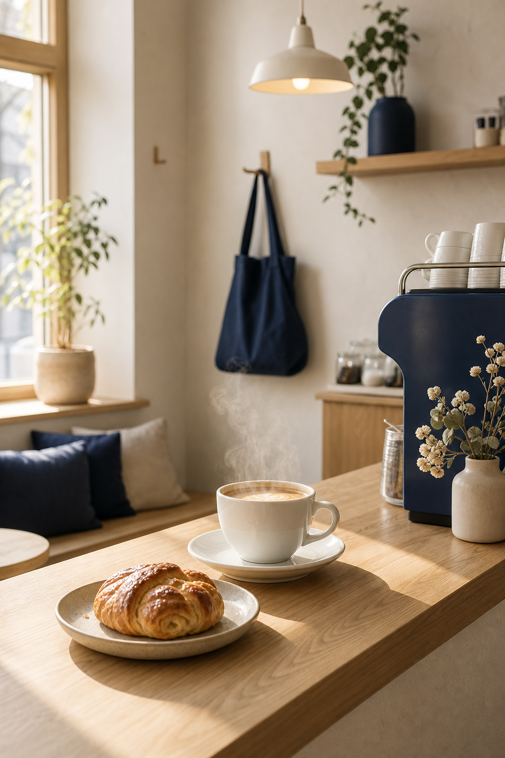 Cozy corner of the cafe with a light wood counter, a ceramic cup of coffee, and a fresh pastry in soft morning light