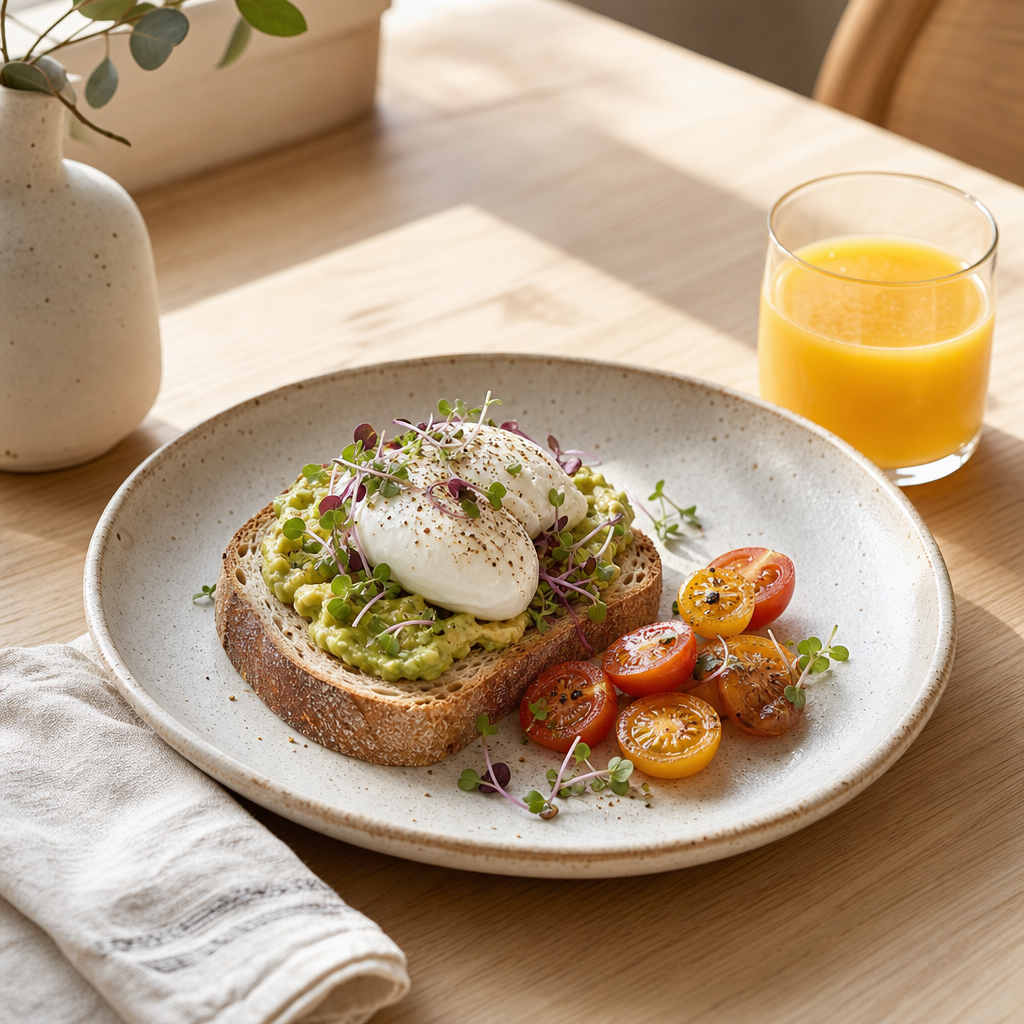 Ceramic plate with avocado toast, a poached egg, cherry tomatoes and microgreens