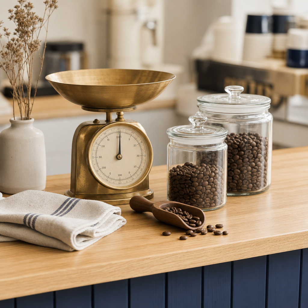 Close-up of a coffee counter with a brass scale, glass jars of coffee beans, and a wooden scoop