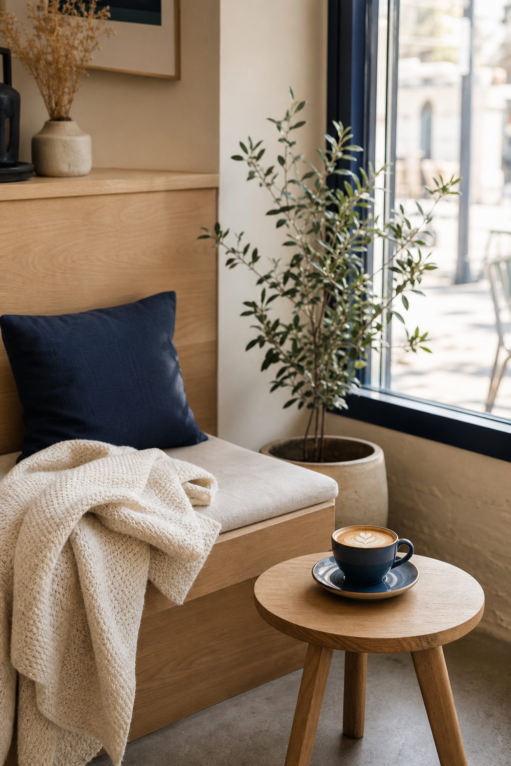 Warm cafe seating nook with a light wood bench, cream knit blanket, and a window with soft daylight