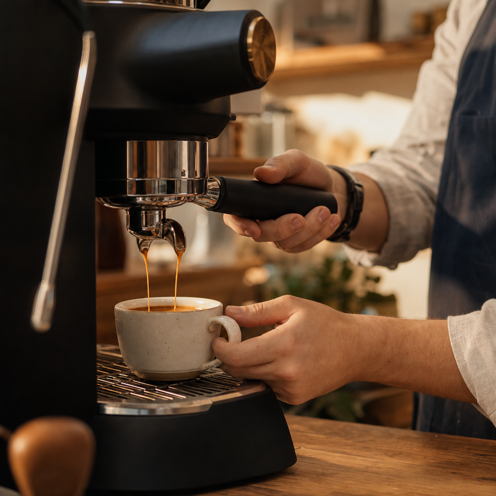 Barista pulling a rich espresso shot with golden crema into a white ceramic cup