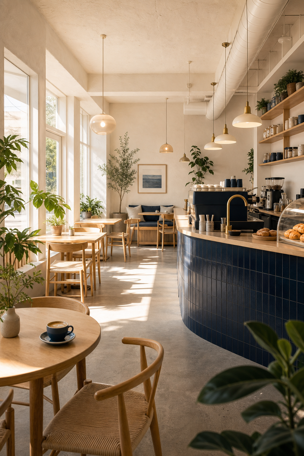Cozy North Dock Coffee cafe interior with warm light wood tables, hanging pendant lights, and a navy-tiled counter