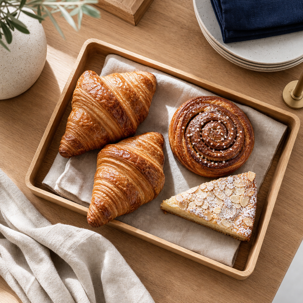 Wooden tray of golden croissants, a cinnamon bun, and almond cake dusted with sugar