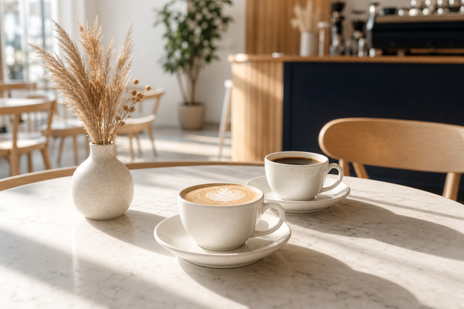 Two white ceramic coffee cups on a marble table with bright morning sunlight and soft shadows