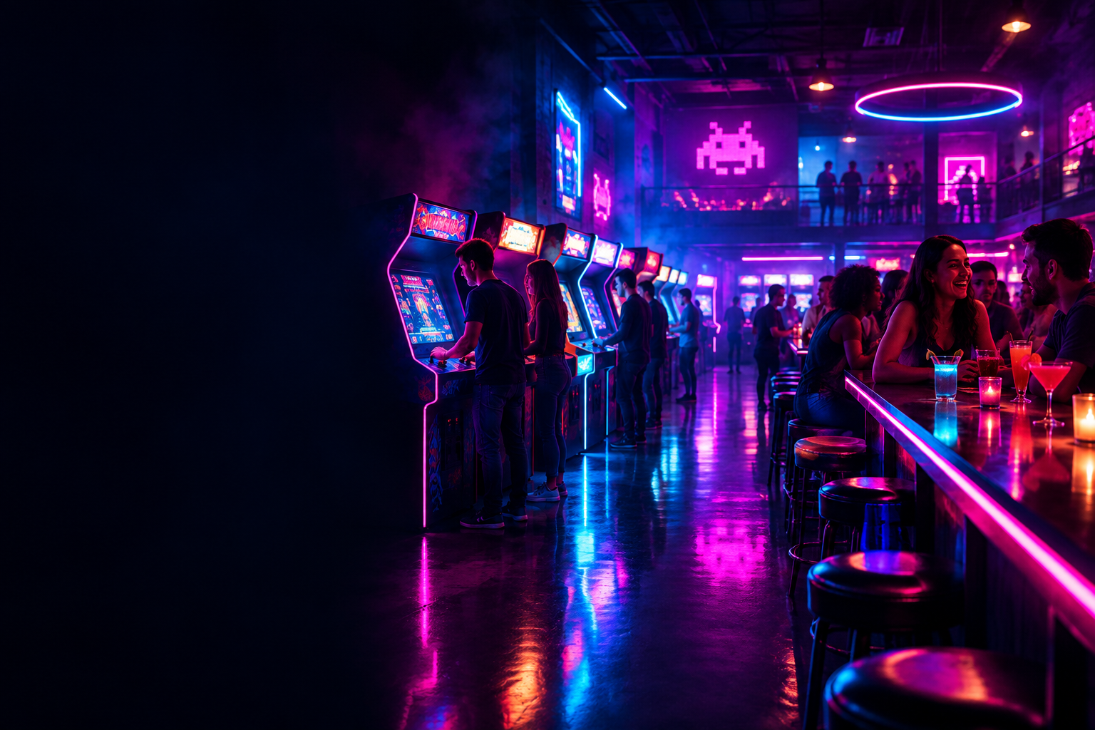 Neon-lit retro arcade bar interior with glowing cabinets, cocktail glasses, and people socializing at night