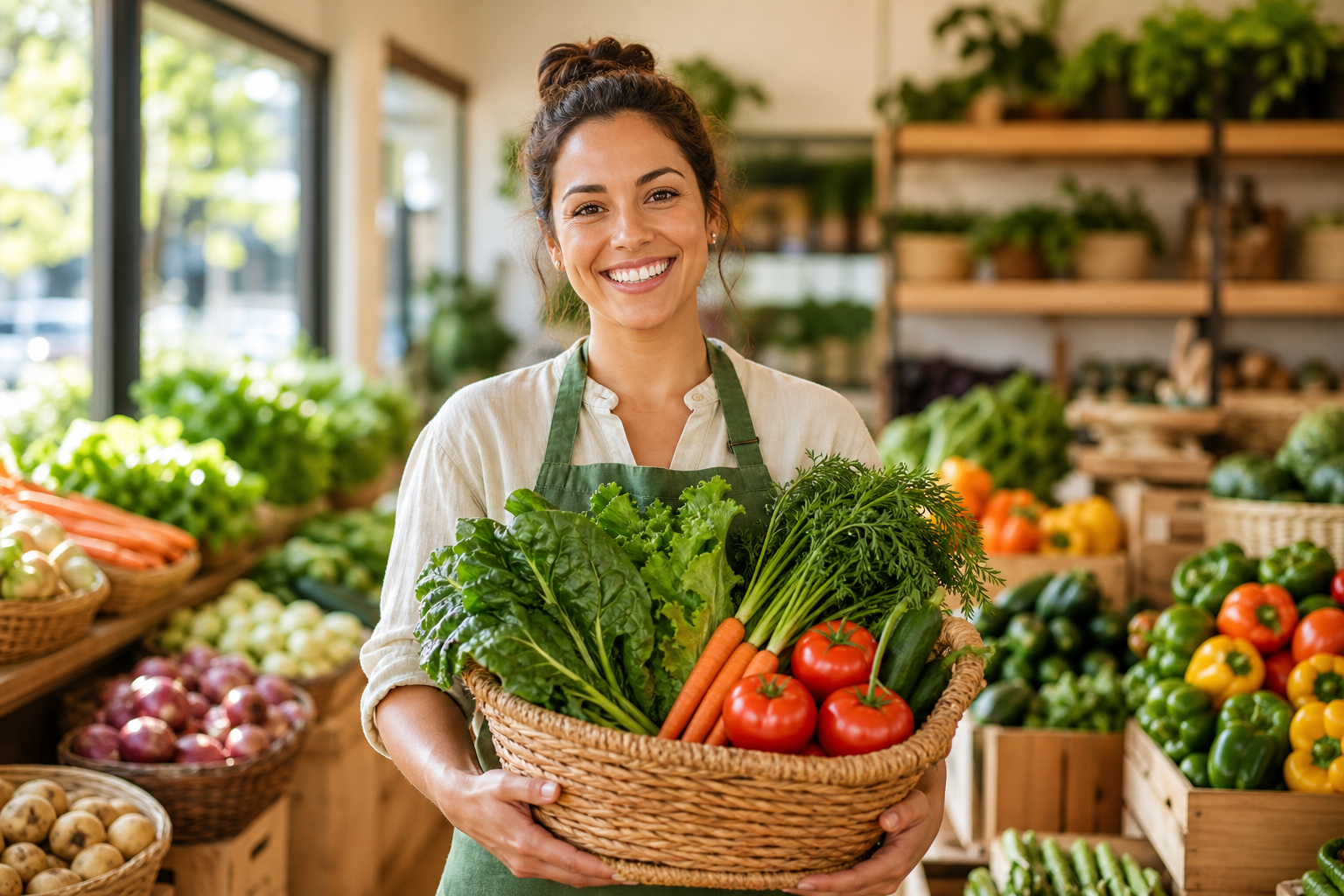 Smiling shop owner holding a wicker basket filled with leafy greens, tomatoes, carrots, and herbs inside a bright neighborhood vegetable market