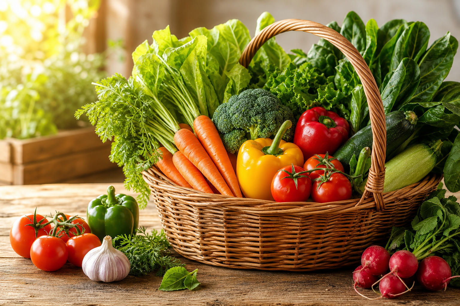 A wicker basket filled with colorful fresh vegetables like leafy greens, carrots, tomatoes, and bell peppers on a rustic wooden table in warm morning light