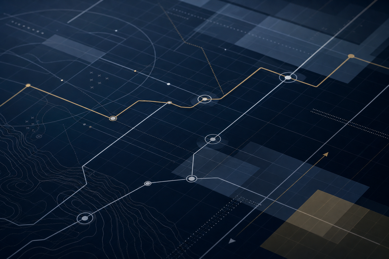 Abstract technical compliance grid with layered route lines and restrained geometric mission planning overlays