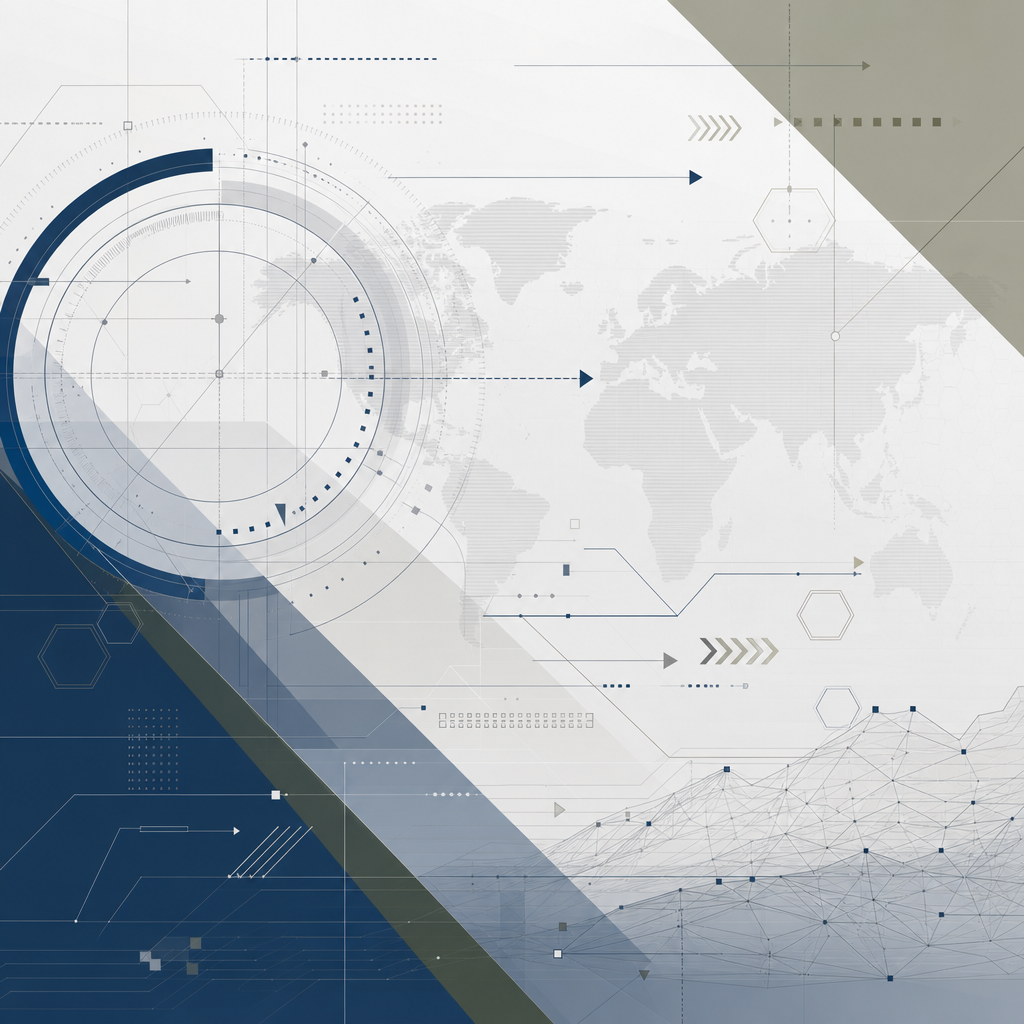 Abstract technical illustration with layered coordinate lines, structured directional geometry, and mission-planning style linework in a restrained defense consulting visual language