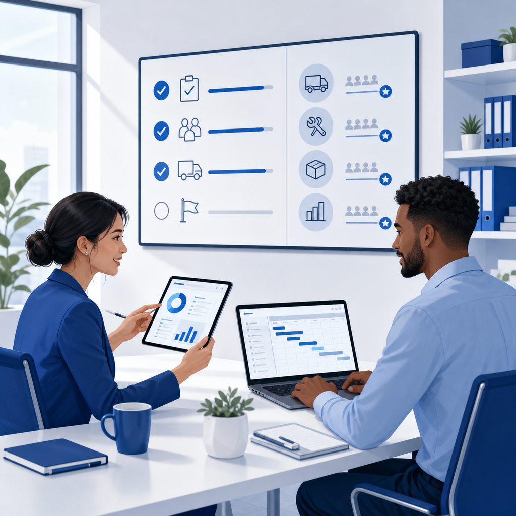 Professional illustration of a small business operations team coordinating vendors and tracking project milestones with laptops and dashboards in a clean blue-and-white office