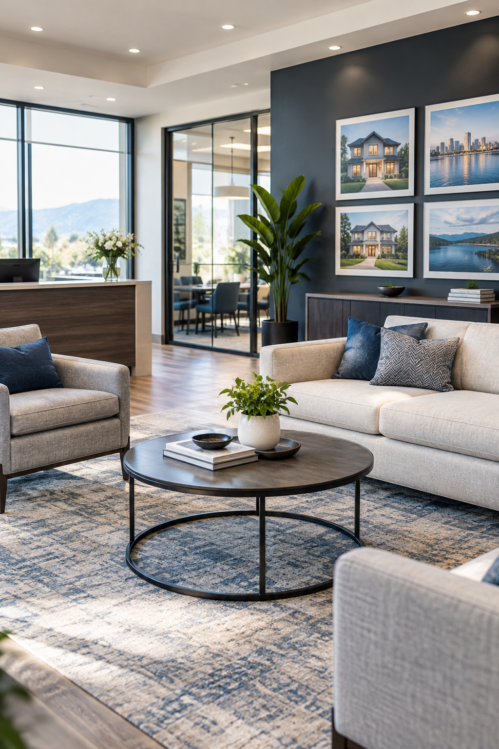 Bright, elegant real estate office lounge with modern furnishings, natural light, and welcoming community-focused atmosphere