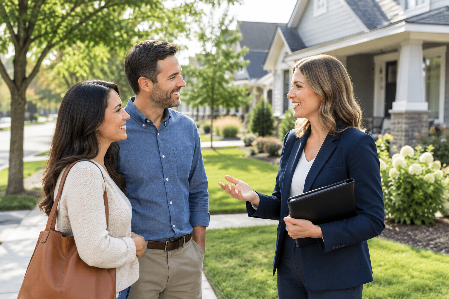 Friendly real estate advisor speaking with a couple on a tree-lined neighborhood street