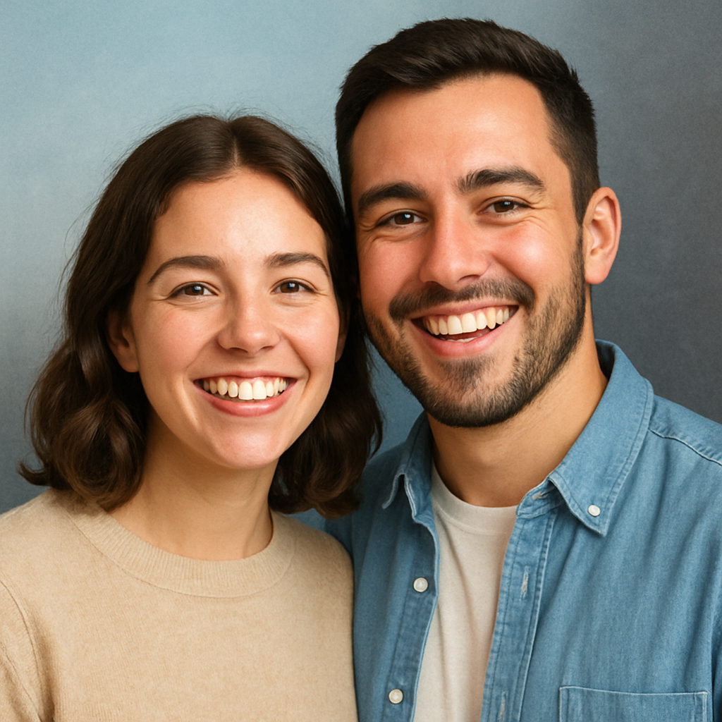 Young couple smiling in front of their new home