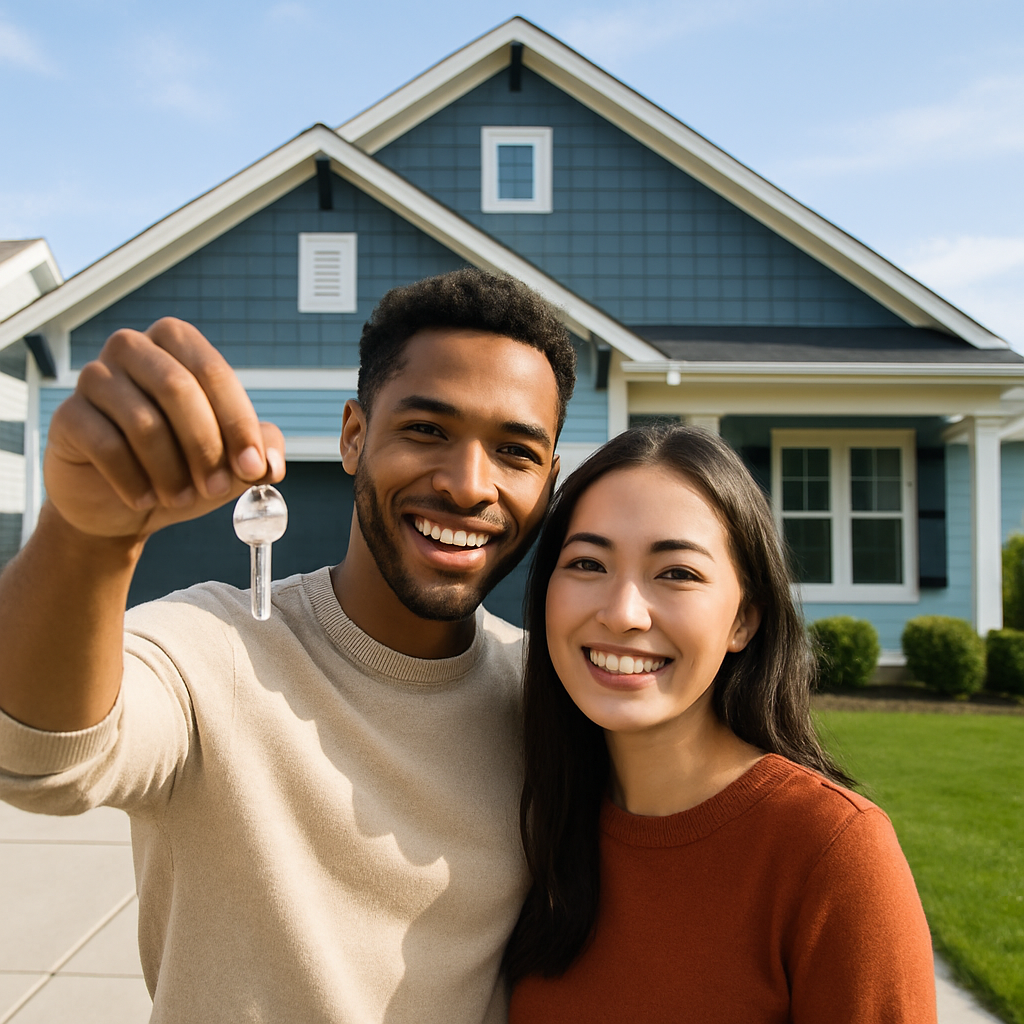 Happy home buyers celebrating in front of their new house