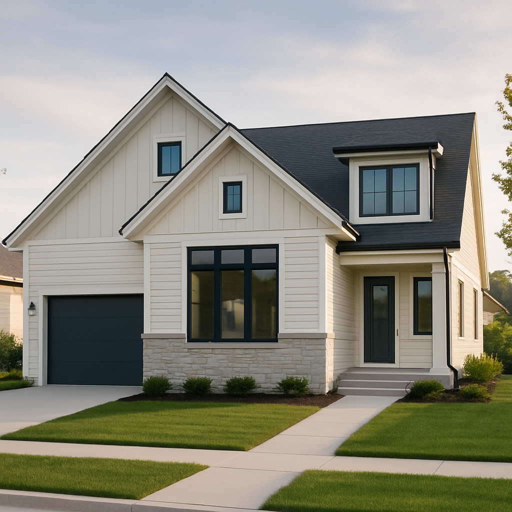 Modern single-family home exterior in West Bend, Wisconsin with clean lines and large windows