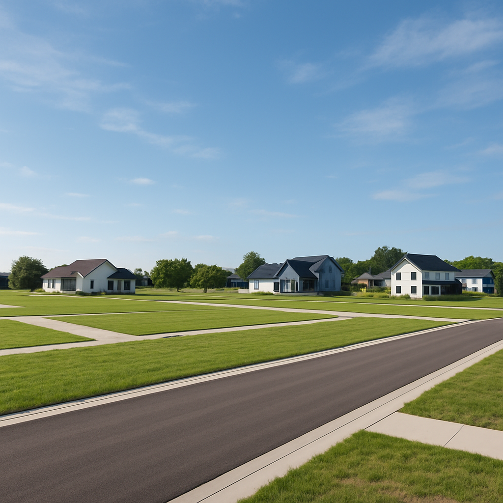 New development lots with paved streets and open green space under a blue sky