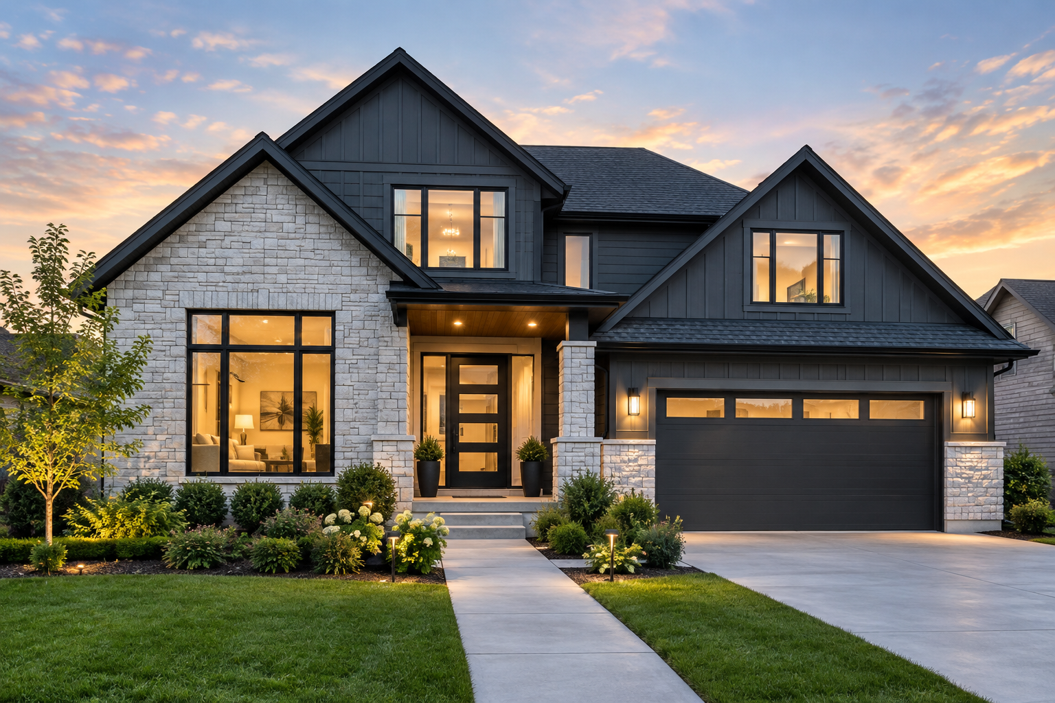 Stylish new-construction home with large windows, warm exterior lighting, and a clean landscaped entry path
