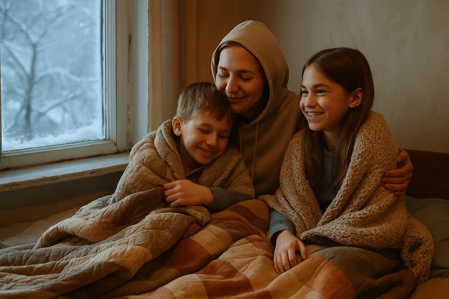 Warm family moment - parent and children sharing warmth during winter in Ukraine