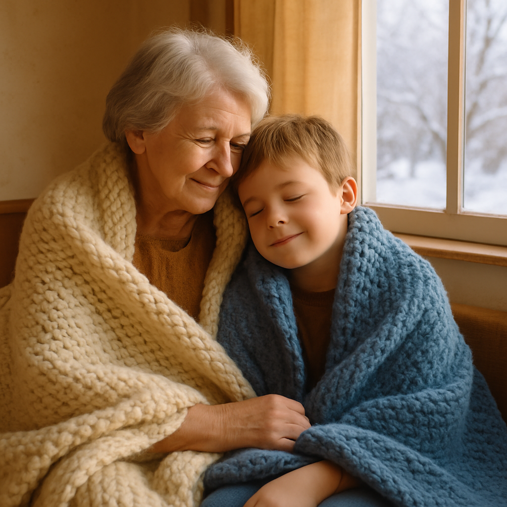 An elderly woman and young child wrapped in warm knitted blankets, sitting together by a window in a cozy home interior