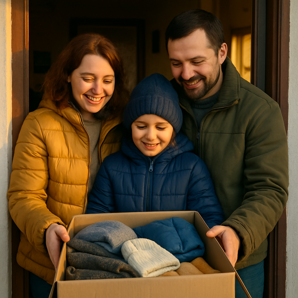 A Ukrainian family of three with genuine smiles opening a box of winter supplies on their doorstep in morning light