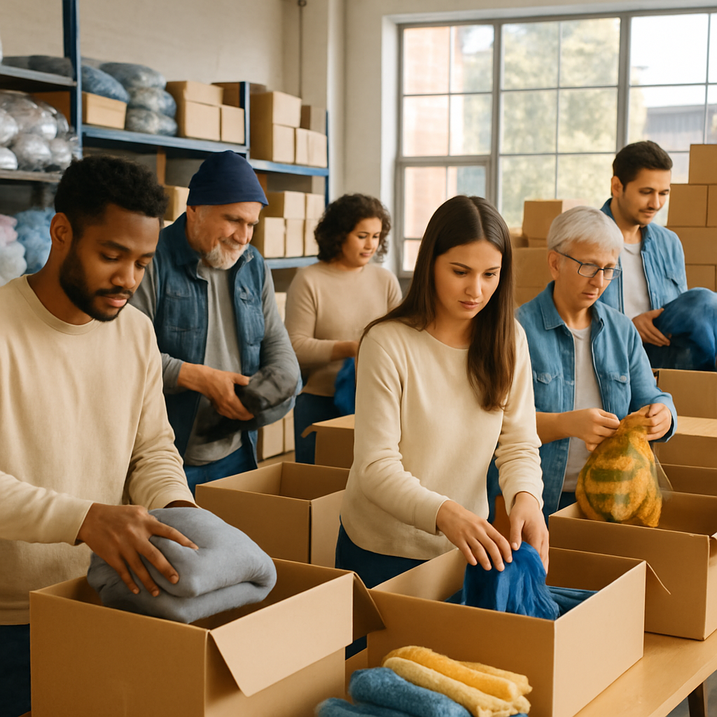 Diverse volunteers assembling winter aid kits in a bright warehouse with organized supplies and natural daylight