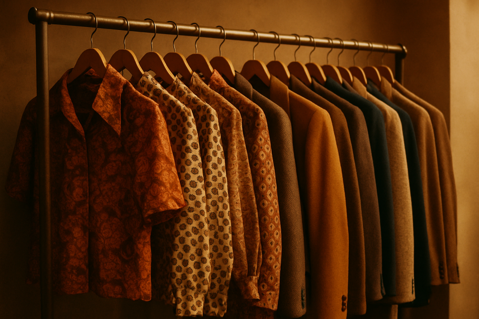 Vintage rack of 70s and 80s garments with warm film lighting