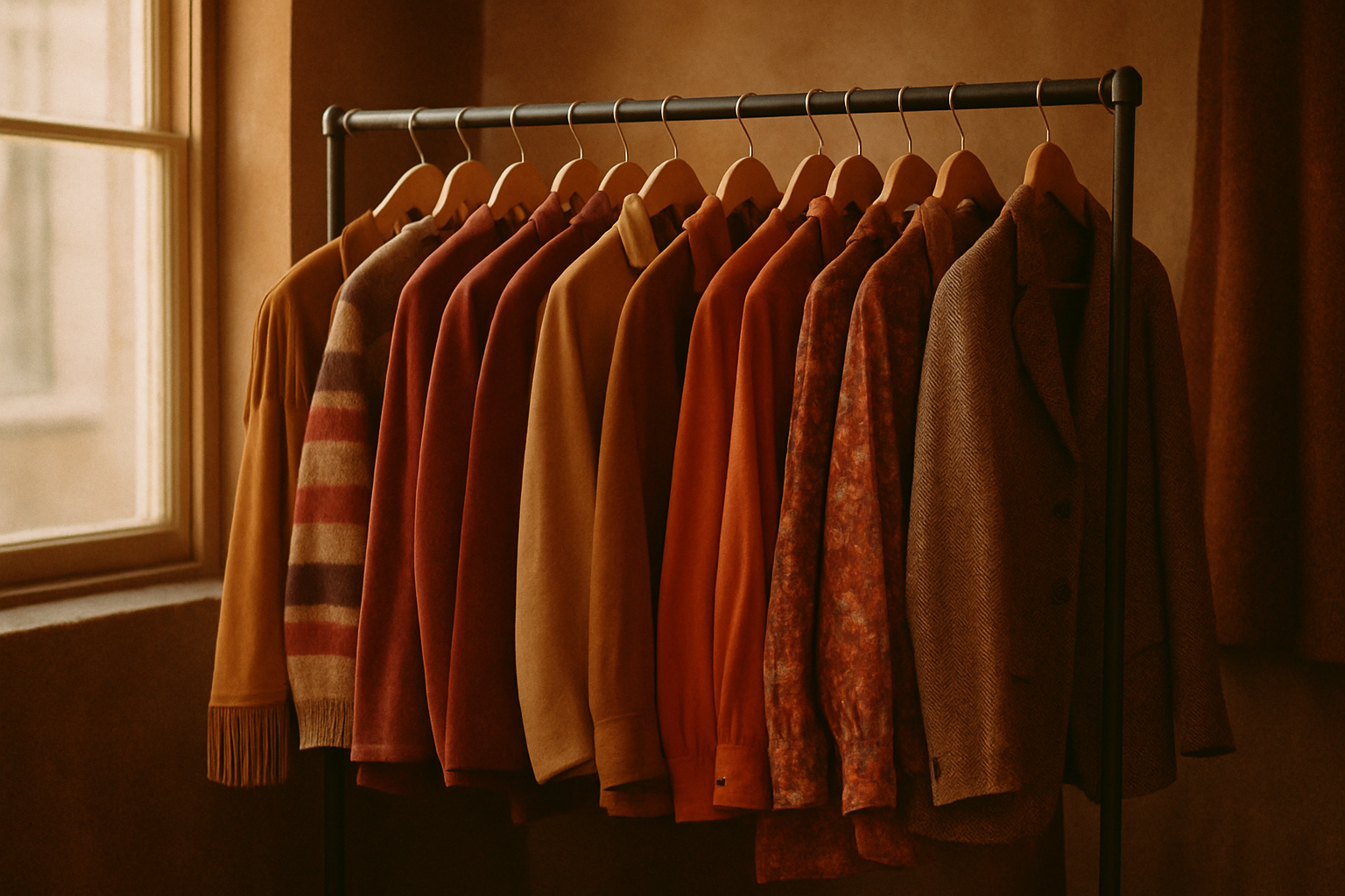 Warm film-style photo of a curated rack of 70s and 80s vintage clothing with rich textures and earthy tones in a cozy boutique