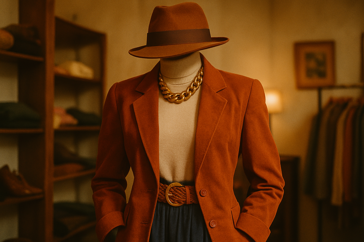 Styled vintage outfit on mannequin with bold accessories