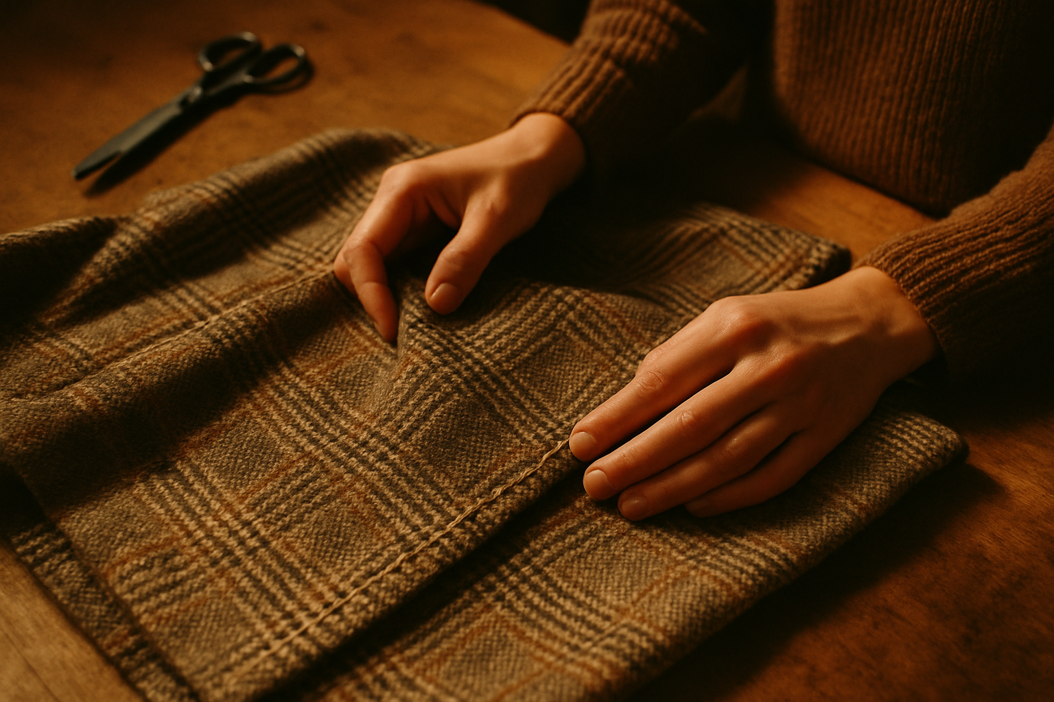 Hands inspecting vintage fabric texture under warm studio light