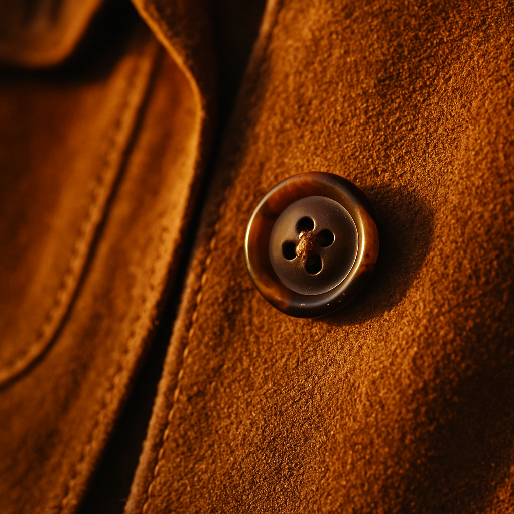 Close-up film-inspired shot of a vintage suede jacket button and textured fabric in warm golden light