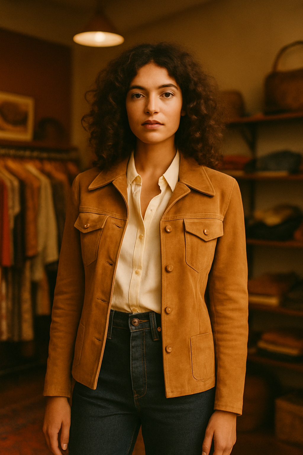 Editorial portrait of a model wearing a 70s suede jacket and high-waisted denim, warm film lighting and nostalgic boutique vibe