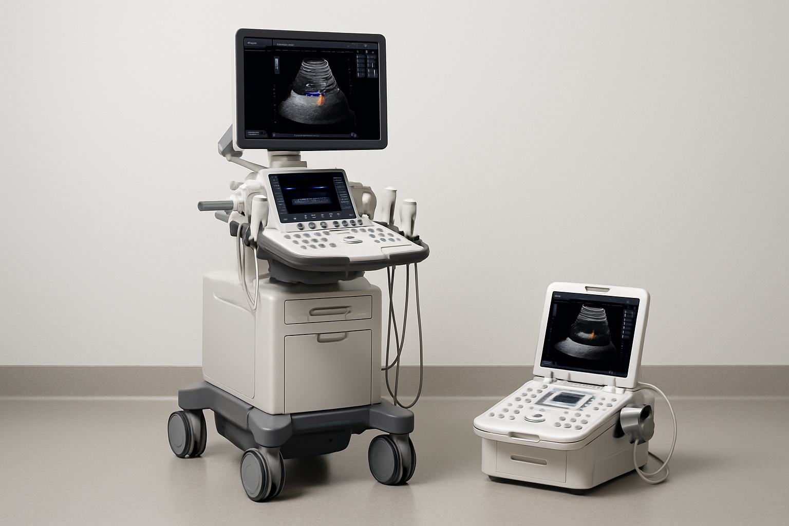 Professional assortment of portable ultrasound systems with carts and compact consoles ready for export
