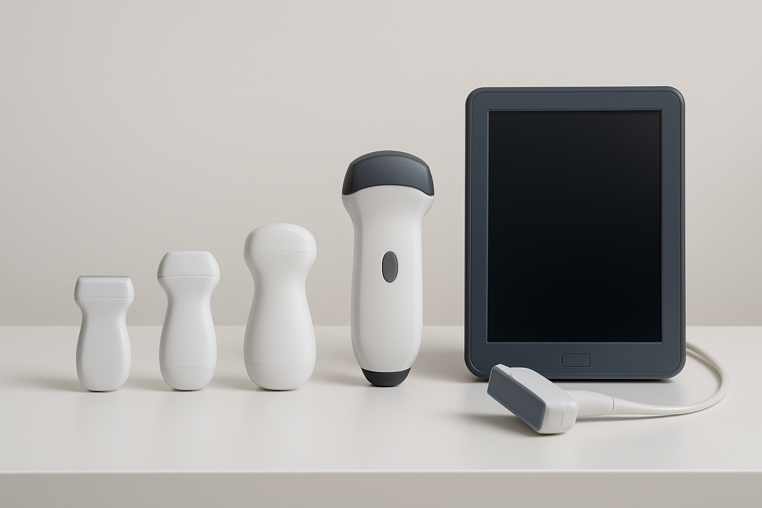 Handheld ultrasound devices and tablet-style scanners displayed on a clean clinical workstation