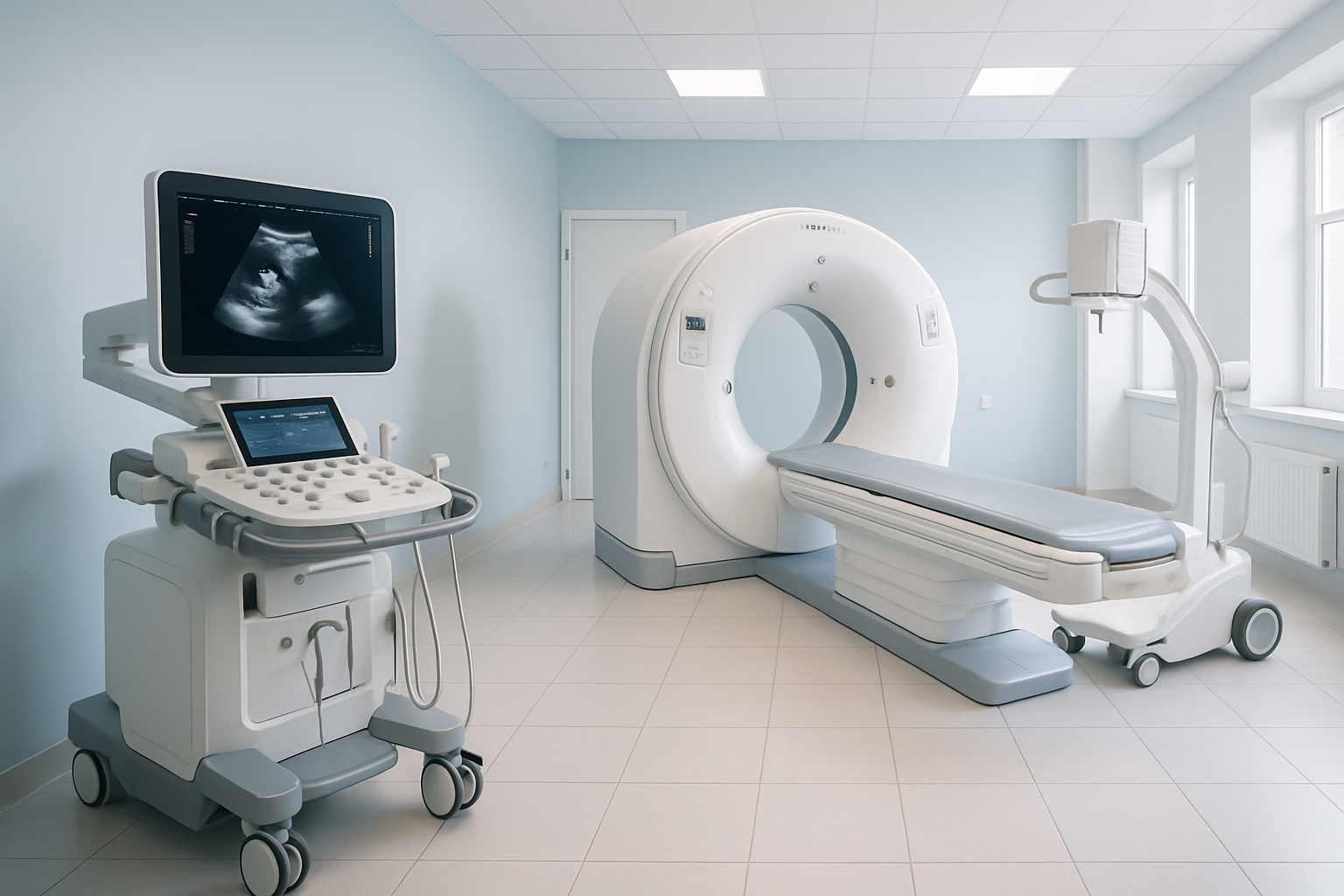 Scandinavian hospital environment showcasing refurbished medical equipment prepared for export to Africa